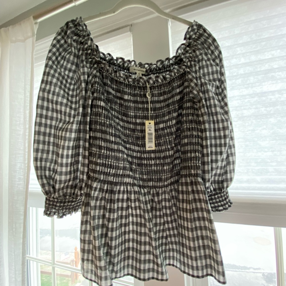 Max Studio Black & White Gingham Top with Smocked Top.